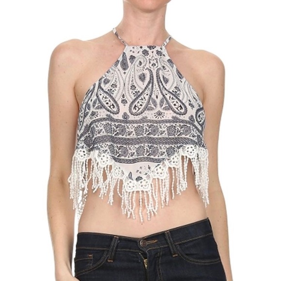 Paisley Crochet Halter Handkerchief Boho Crop Top - Picture 1 of 9